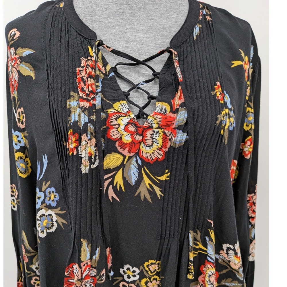 Boho Prairie Summer Black Floral Lace Up Pintuck‎ Pleated Long Sleeve 2X Top - Picture 3 of 6